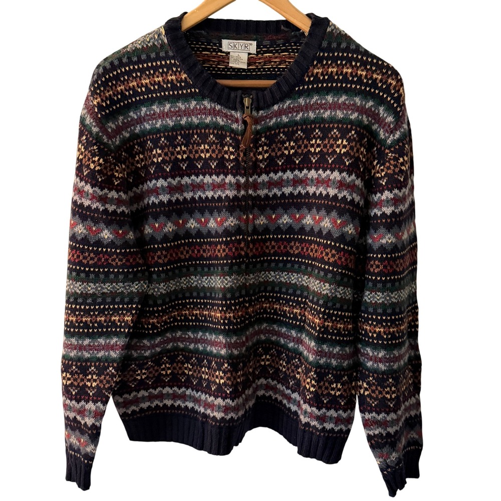 Skyr Fair Isle Quarter Zip Sweater Mens Large Navy Multicolor Excellent Knit